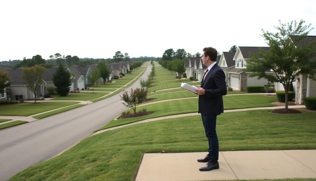 A peaceful suburban neighborhood, with neatly aligned rows of single-family homes, their well-manicured lawns stretching out under a soft, overcast sky. In the foreground, a real estate agent stands, clipboard in hand, surveying the available properties. The camera angle is slightly elevated, capturing the scope of the area, with the agent's figure providing a sense of scale and focus. The lighting is muted, casting gentle shadows that add depth and atmosphere. The scene conveys a sense of tranquility, with the potential for dynamic activity in the form of the real estate transactions taking place. A peaceful suburban neighborhood, with neatly aligned rows of single-family homes, their well-manicured lawns stretching out under a soft, overcast sky. In the foreground, a real estate agent stands, clipboard in hand, surveying the available properties. The camera angle is slightly elevated, capturing the scope of the area, with the agent's figure providing a sense of scale and focus. The lighting is muted, casting gentle shadows that add depth and atmosphere. The scene conveys a sense of tranquility, with the potential for dynamic activity in the form of the real estate transactions taking place.