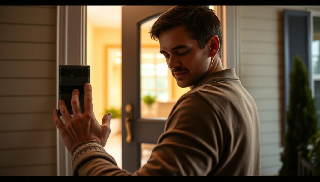 A person standing at the front door, examining the intercom system closely. The foreground shows their hands reaching towards the intercom panel, while the middle ground reveals the door frame and entrance area. The background depicts a well-lit, inviting home exterior with a neatly landscaped yard. The lighting is soft and natural, creating a warm, welcoming atmosphere. The person's expression conveys a sense of focus and preparedness, highlighting the importance of properly engaging the intercom before opening the door. The overall scene emphasizes the necessary precautions and safety measures to be taken when answering a call at the front door.