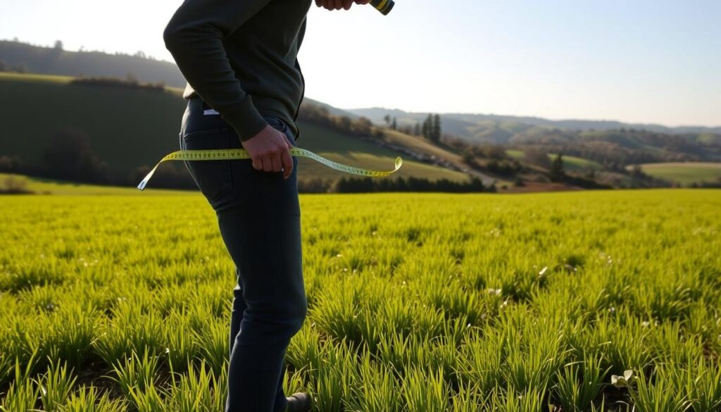 A person standing in a lush, green field, carefully measuring the dimensions of a land plot using a surveyor's tape measure. The sun casts a warm, natural light, creating long shadows that help to accentuate the plot's boundaries. In the background, a rolling landscape of hills and trees, suggesting a rural or semi-rural setting. The individual's body language conveys a sense of focus and determination, as they methodically document the plot's size and shape. The scene evokes a mood of diligence, attention to detail, and a connection to the land.