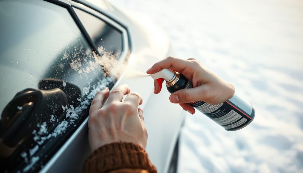 A person's hands carefully applying a de-icing spray to the frozen lock of a car door, with warm breath visible in the cold air. The car is parked in a snowy winter landscape, with a clean white background. Soft, natural lighting from the side illuminates the scene, casting subtle shadows. The focus is sharp on the lock and hands, with a slight blur in the background to emphasize the task at hand. The overall mood is one of a methodical, practical approach to solving a common wintertime car problem.