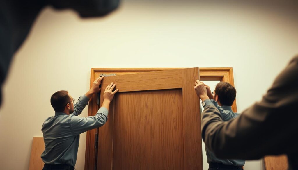 A professional, well-lit interior scene of a team of skilled carpenters meticulously installing a high-quality wooden door. The focus is on the intricate process, with close-up shots of the workers' hands precisely aligning the frame, sealing the hinges, and securing the locks. The background is a clean, minimalist workspace, allowing the craftsmanship to take center stage. Soft, warm lighting enhances the natural textures of the materials, creating a sense of quality and attention to detail. The overall atmosphere conveys the expertise and care required for a professional door installation.