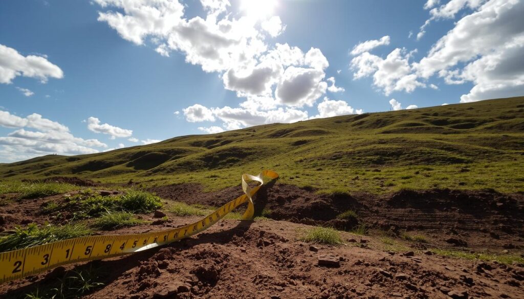A rolling, uneven terrain with patches of grass and exposed soil, gently sloping downwards. In the foreground, a measuring tape unfurls, its markings visible. Sunlight filters through scattered clouds, casting dynamic shadows across the landscape. The scene conveys a sense of assessment and preparation, inviting the viewer to imagine the process of leveling this land. Camera angle is slightly elevated, providing a broad overview of the terrain. Muted, earthy tones predominate, creating a contemplative, analytical atmosphere. A rolling, uneven terrain with patches of grass and exposed soil, gently sloping downwards. In the foreground, a measuring tape unfurls, its markings visible. Sunlight filters through scattered clouds, casting dynamic shadows across the landscape. The scene conveys a sense of assessment and preparation, inviting the viewer to imagine the process of leveling this land. Camera angle is slightly elevated, providing a broad overview of the terrain. Muted, earthy tones predominate, creating a contemplative, analytical atmosphere.