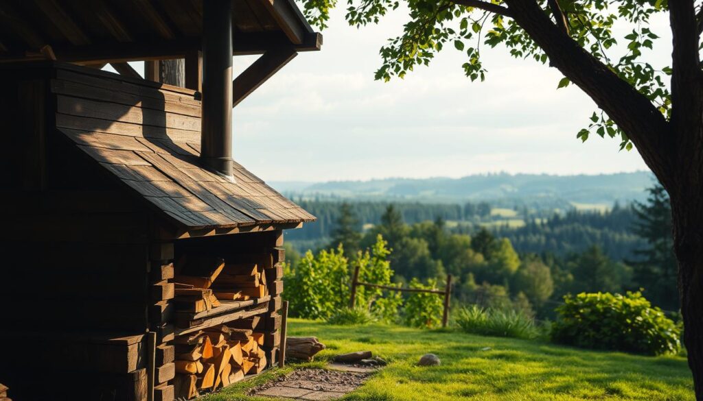 A rustic outdoor smokehouse nestled in a lush, verdant backyard. The structure is made of weathered wood, with a sloping roof and a large chimney protruding from the top. Sunlight filters through the gaps in the wooden planks, casting a warm, golden glow. In the foreground, a stack of firewood awaits, ready to fuel the smokehouse's smoldering embers. The background is a picturesque scene of rolling hills and a distant forest, creating a serene and peaceful atmosphere. The overall composition evokes a sense of tradition, craftsmanship, and a connection to the natural world. A rustic outdoor smokehouse nestled in a lush, verdant backyard. The structure is made of weathered wood, with a sloping roof and a large chimney protruding from the top. Sunlight filters through the gaps in the wooden planks, casting a warm, golden glow. In the foreground, a stack of firewood awaits, ready to fuel the smokehouse's smoldering embers. The background is a picturesque scene of rolling hills and a distant forest, creating a serene and peaceful atmosphere. The overall composition evokes a sense of tradition, craftsmanship, and a connection to the natural world.