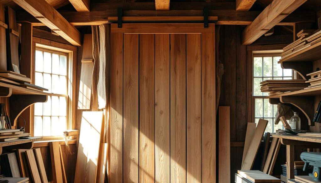 A rustic wooden door hangs in a serene, sun-dappled workshop. The planks are weathered and textured, with subtle variations in grain and tone. The door is framed by rough-hewn beams and shelves, creating a warm, inviting atmosphere. Soft, diffused lighting filters through the windows, casting gentle shadows and highlights that accentuate the natural beauty of the wood. The composition is balanced, with the door taking center stage, surrounded by the tools and materials of a skilled craftsman. This image captures the process of handcrafting a simple, yet elegant, wooden door in a traditional, rustic style. A rustic wooden door hangs in a serene, sun-dappled workshop. The planks are weathered and textured, with subtle variations in grain and tone. The door is framed by rough-hewn beams and shelves, creating a warm, inviting atmosphere. Soft, diffused lighting filters through the windows, casting gentle shadows and highlights that accentuate the natural beauty of the wood. The composition is balanced, with the door taking center stage, surrounded by the tools and materials of a skilled craftsman. This image captures the process of handcrafting a simple, yet elegant, wooden door in a traditional, rustic style.