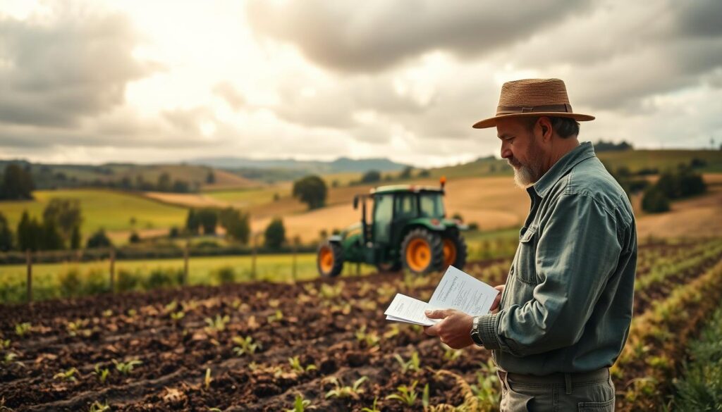 A serene countryside landscape with a focus on the process of removing agricultural land from production. In the foreground, a farmer examines soil samples, contemplating the next steps. The middle ground showcases a tractor parked nearby, symbolic of the transitioning land usage. In the background, rolling hills dotted with trees and a cloudy sky, creating a pensive atmosphere. Warm, natural lighting illuminates the scene, highlighting the importance of this administrative procedure. The overall composition conveys the thoughtful consideration required when converting farmland for alternative purposes.