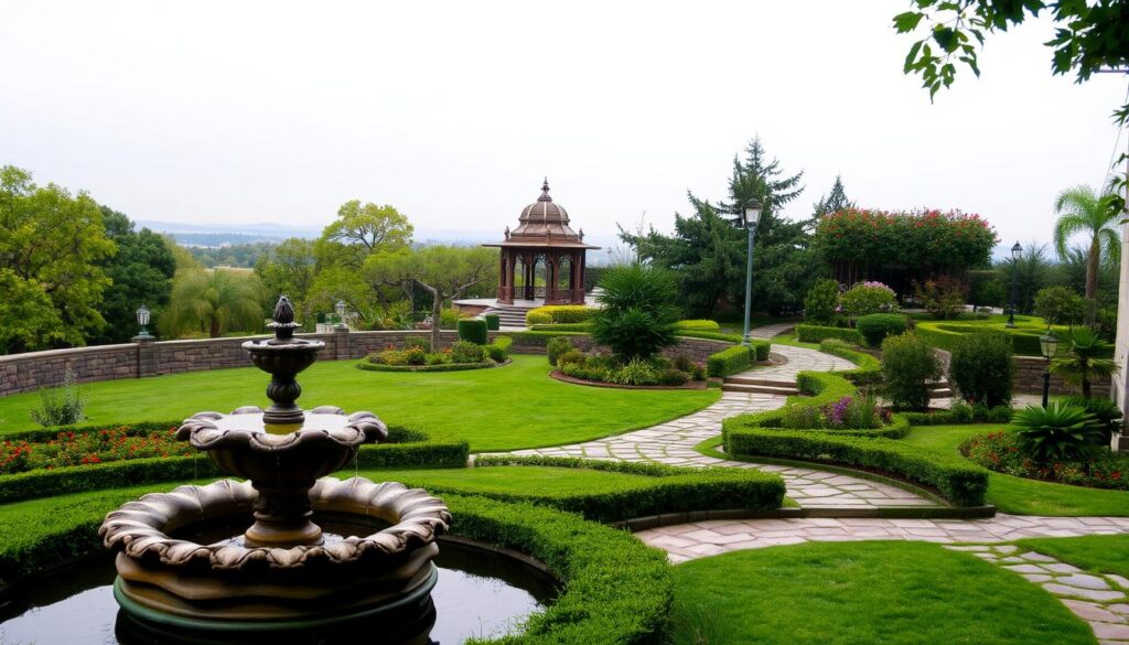 A serene landscape garden with a meandering path, lush greenery, and elegant architectural elements. In the foreground, a stone fountain cascades into a tranquil pond, surrounded by carefully curated flowerbeds and neatly trimmed hedges. The middle ground features an ornamental gazebo with intricate woodwork, nestled among vibrant trees and shrubs. In the background, a low stone wall frames the scene, leading the eye towards a distant horizon illuminated by soft, warm lighting. The overall atmosphere evokes a sense of harmony, balance, and a seamless integration of nature and human-made structures.