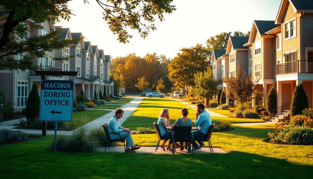 A serene residential area with well-manicured lawns and modern townhouses, bathed in warm, golden afternoon sunlight. In the foreground, a family gathers around a cozy patio, discussing the potential for legalizing their residential status on the plot. Midground features a zoning office sign, hinting at the bureaucratic process. The background showcases lush greenery and a clear, blue sky, conveying a sense of tranquility and possibility. The overall mood is one of hope and contemplation, as the family navigates the legal landscape to secure their right to dwell peacefully on this plot of land. A serene residential area with well-manicured lawns and modern townhouses, bathed in warm, golden afternoon sunlight. In the foreground, a family gathers around a cozy patio, discussing the potential for legalizing their residential status on the plot. Midground features a zoning office sign, hinting at the bureaucratic process. The background showcases lush greenery and a clear, blue sky, conveying a sense of tranquility and possibility. The overall mood is one of hope and contemplation, as the family navigates the legal landscape to secure their right to dwell peacefully on this plot of land.