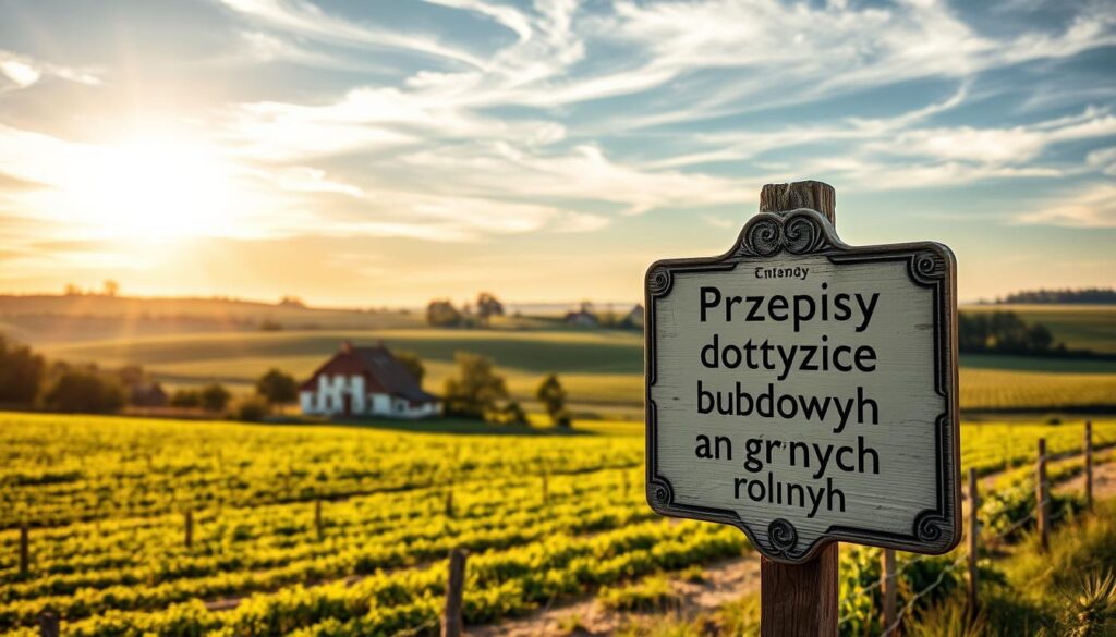 A serene rural landscape, with a quaint farmhouse nestled amidst lush green fields and rolling hills. Sunlight filters through wispy clouds, casting a warm glow over the scene. In the foreground, a signpost stands, its weathered wooden frame bearing the title "Przepisy dotyczące budowy na gruntach rolnych". The signpost's surface is detailed, with intricate carvings and a slightly worn appearance, conveying a sense of tradition and regulation. The background features a picturesque countryside, with rows of crops, scattered trees, and a distant horizon line. The overall mood is one of tranquility and the careful stewardship of agricultural land. A serene rural landscape, with a quaint farmhouse nestled amidst lush green fields and rolling hills. Sunlight filters through wispy clouds, casting a warm glow over the scene. In the foreground, a signpost stands, its weathered wooden frame bearing the title "Przepisy dotyczące budowy na gruntach rolnych". The signpost's surface is detailed, with intricate carvings and a slightly worn appearance, conveying a sense of tradition and regulation. The background features a picturesque countryside, with rows of crops, scattered trees, and a distant horizon line. The overall mood is one of tranquility and the careful stewardship of agricultural land.