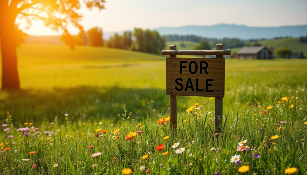 A serene, sun-drenched meadow dotted with vibrant wildflowers, in the foreground a well-maintained wooden sign with a simple "For Sale" message, inviting potential buyers to explore the tranquil countryside setting. In the middle ground, a lush, rolling landscape with gently swaying trees, hinting at the property's expansive boundaries. The background features a distant, hazy mountain range, creating a picturesque, bucolic atmosphere that evokes a sense of peaceful seclusion. The overall scene is captured with a wide-angle lens, conveying a sense of openness and possibility, encouraging the viewer to imagine the potential of this idyllic real estate opportunity. A serene, sun-drenched meadow dotted with vibrant wildflowers, in the foreground a well-maintained wooden sign with a simple "For Sale" message, inviting potential buyers to explore the tranquil countryside setting. In the middle ground, a lush, rolling landscape with gently swaying trees, hinting at the property's expansive boundaries. The background features a distant, hazy mountain range, creating a picturesque, bucolic atmosphere that evokes a sense of peaceful seclusion. The overall scene is captured with a wide-angle lens, conveying a sense of openness and possibility, encouraging the viewer to imagine the potential of this idyllic real estate opportunity.