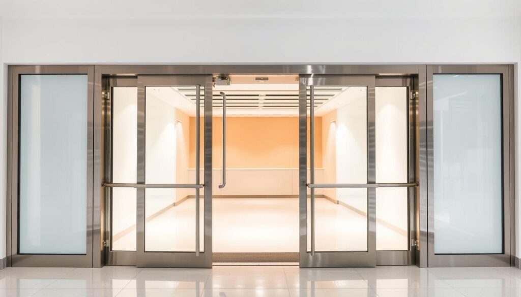 A set of automatic doors with clear, tempered glass panels, framed in brushed aluminum. The doors are positioned in the middle ground, with a clean, minimalist background of white walls and bright, even lighting. The doors are open, revealing a warm, inviting interior space beyond. The perspective is slightly elevated, capturing the full height and width of the doors, showcasing their sleek, modern design. The overall mood is one of efficiency, simplicity, and functionality, reflecting the instructional nature of the image. A set of automatic doors with clear, tempered glass panels, framed in brushed aluminum. The doors are positioned in the middle ground, with a clean, minimalist background of white walls and bright, even lighting. The doors are open, revealing a warm, inviting interior space beyond. The perspective is slightly elevated, capturing the full height and width of the doors, showcasing their sleek, modern design. The overall mood is one of efficiency, simplicity, and functionality, reflecting the instructional nature of the image.