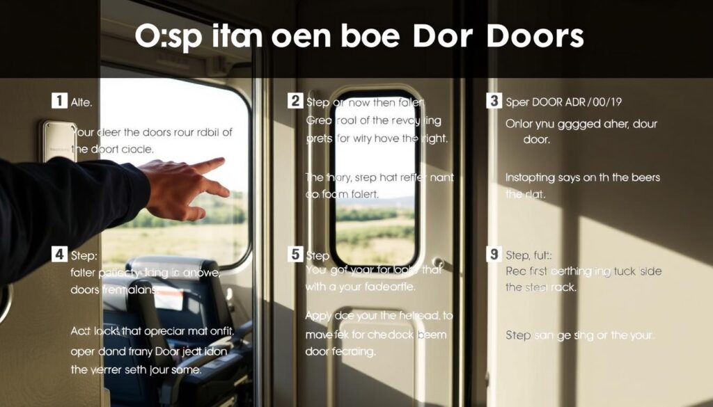 A set of detailed instructions for opening train doors, presented in a clear and organized manner. The foreground shows a passenger's hand reaching for the door handle, with a close-up view of the mechanism. The middle ground depicts the interior of a train carriage, with seats and luggage racks visible. The background suggests the passing countryside outside the train windows, conveyed through a soft, blurred landscape. The lighting is natural and diffused, creating a calming, informative atmosphere. The camera angle is slightly elevated, providing a clear view of the door's operation. The overall composition guides the viewer's eye through the steps of the door-opening process.