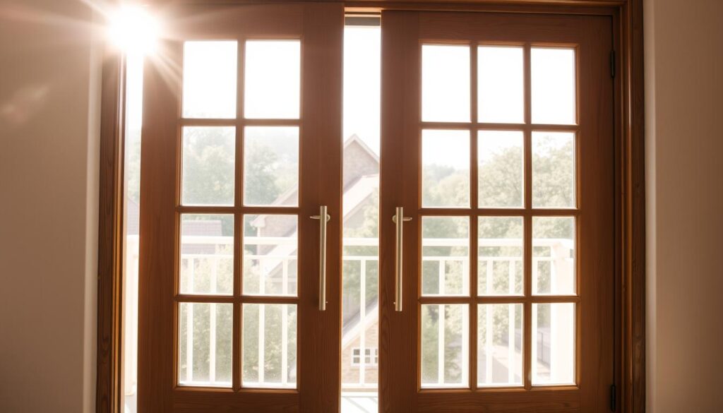 A set of elegant, wooden French doors with glass panes, standing tall and inviting against a backdrop of a sun-drenched balcony. The doors are slightly ajar, allowing a glimpse of the outdoor scenery beyond. Subtle light filters through the glass, casting a warm, natural glow and highlighting the intricate wood grain. The doors are meticulously crafted, with sleek hardware and a sturdy, well-maintained appearance. The balcony setting evokes a sense of tranquility and outdoor living, perfectly complementing the sophisticated charm of the sliding glass doors.