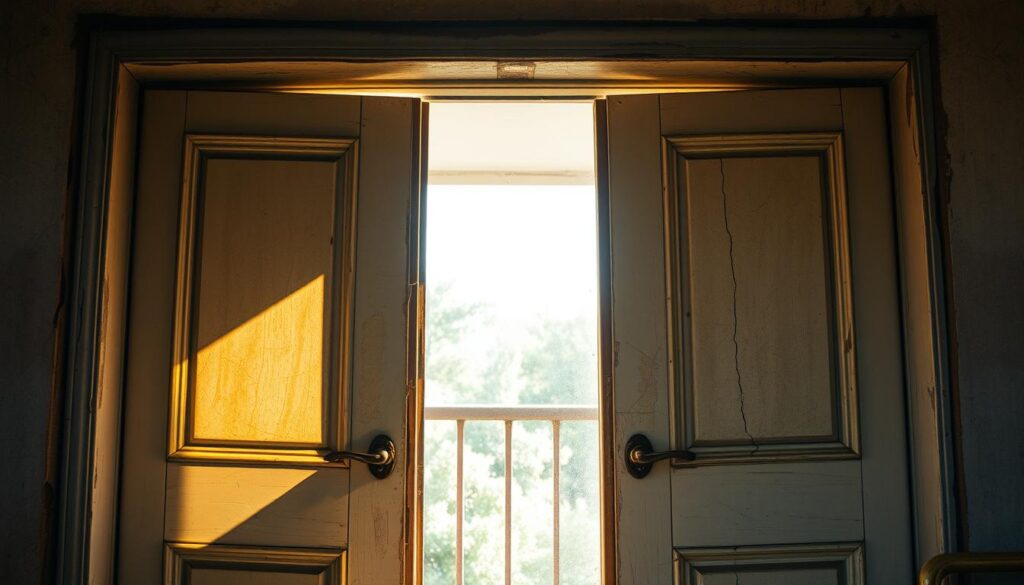 A set of worn, drafty balcony doors, their weathered frames and cracked seals revealing the passage of time. Sunlight streams through the gaps, illuminating the dust motes floating in the air. The doors stand ajar, hinting at the breeze that constantly seeps through, disrupting the interior climate. The overall scene conveys a sense of neglect and the need for repair, setting the stage for the article's discussion on addressing the common problems of sagging and air leaks in balcony doors.