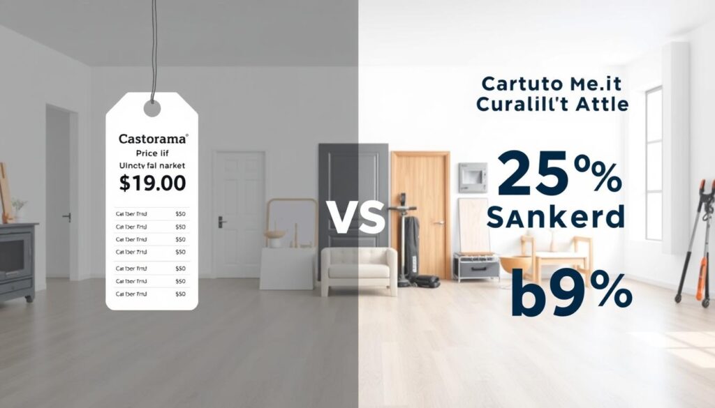 A side-by-side comparison of Castorama's price list against the general market rates, displayed in a sleek, infographic-style layout. The foreground features a digital price tag display with dynamic pricing information, highlighting the differences between Castorama's offers and the industry standard. The middle ground showcases various home improvement products, such as doors, flooring, and tools, presented in a clean, minimalist arrangement. The background depicts a modern, well-lit interior space, with a subtle texture that adds depth and visual interest to the scene. The overall mood is one of clarity and objectivity, inviting the viewer to assess the pricing information objectively.