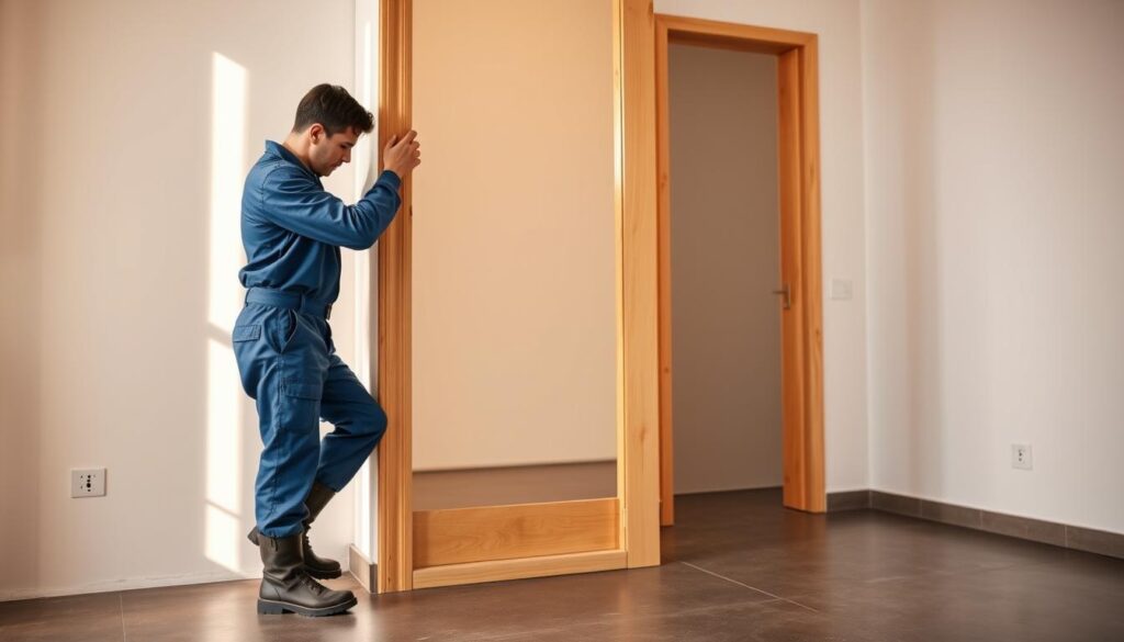 A skilled door installation specialist, dressed in a blue jumpsuit and work boots, carefully measuring and aligning a new wooden door frame. Warm, natural lighting illuminates the scene, casting soft shadows. The background showcases a partially renovated room, with clean white walls and a polished concrete floor, creating a sense of modern professionalism. The focus is on the installer's precise, methodical movements as they expertly fit the door, ensuring a seamless integration into the space. An atmosphere of expertise and attention to detail pervades the image. A skilled door installation specialist, dressed in a blue jumpsuit and work boots, carefully measuring and aligning a new wooden door frame. Warm, natural lighting illuminates the scene, casting soft shadows. The background showcases a partially renovated room, with clean white walls and a polished concrete floor, creating a sense of modern professionalism. The focus is on the installer's precise, methodical movements as they expertly fit the door, ensuring a seamless integration into the space. An atmosphere of expertise and attention to detail pervades the image.