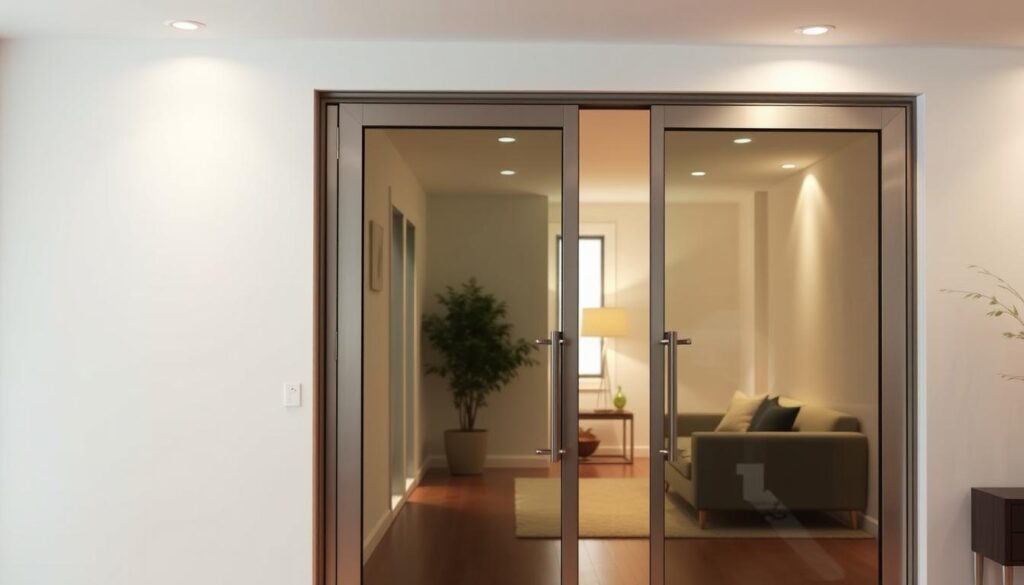 A sleek, minimalist sliding door system set against a bright, airy interior. The door panels are made of tempered glass, with a modern, metallic frame that glides effortlessly on a concealed track. Soft, diffused lighting from recessed fixtures illuminates the space, creating a warm, inviting atmosphere. The door opens to reveal a cozy living room beyond, with clean lines and a neutral color palette that complements the sliding door's understated elegance. A hint of greenery in the background adds a touch of nature, completing the sophisticated, contemporary aesthetic.