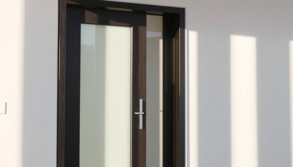 A sleek, modern exterior door against a crisp, minimalist background. The door is made of high-quality materials, such as wood or steel, and features clean lines and a sturdy frame. The lighting is natural, with soft shadows highlighting the texture and depth of the door's surface. The scene conveys a sense of quality, durability, and attention to detail - key factors that influence the cost of professional door installation. The background is deliberately uncluttered, allowing the viewer to focus on the door and the considerations that shape its installation price.