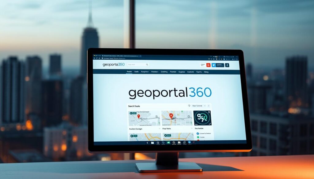 A sleek, modern geoportal360 website interface displayed on a high-resolution computer screen. The screen is positioned at a slight angle, creating a dynamic, professional composition. Soft, warm lighting illuminates the scene, creating a sense of depth and clarity. The geoportal360 logo is prominently featured, with a clean, minimalist design that conveys a sense of authority and trustworthiness. The user interface is intuitive and easy to navigate, with clearly labeled search bars, map tools, and interactive elements. The background is a blurred, out-of-focus city skyline, suggesting the geoportal's connection to the broader urban landscape. A sleek, modern geoportal360 website interface displayed on a high-resolution computer screen. The screen is positioned at a slight angle, creating a dynamic, professional composition. Soft, warm lighting illuminates the scene, creating a sense of depth and clarity. The geoportal360 logo is prominently featured, with a clean, minimalist design that conveys a sense of authority and trustworthiness. The user interface is intuitive and easy to navigate, with clearly labeled search bars, map tools, and interactive elements. The background is a blurred, out-of-focus city skyline, suggesting the geoportal's connection to the broader urban landscape.