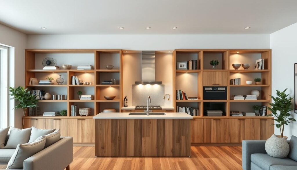 A spacious and airy kitchen with a seamless flow between the living and cooking areas, divided by a set of open wooden shelves. The shelves create a natural partition, allowing for visual connectivity while maintaining a sense of separation. Soft, diffused lighting filters through the shelves, casting a warm, inviting glow. The shelves are filled with decorative accents, cookbooks, and kitchen essentials, creating a stylish and functional display. The scene exudes a modern, minimalist aesthetic with a touch of rustic charm, perfectly capturing the essence of an open, yet defined kitchen space.