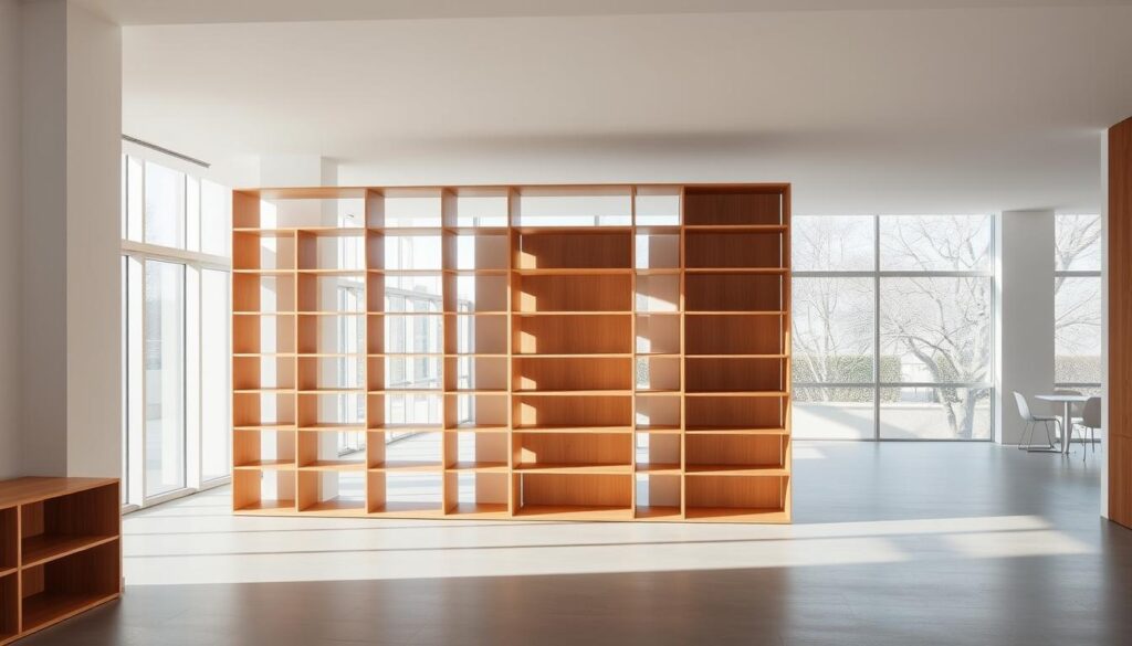 A spacious and modern interior with a creative partition system constructed from modular shelving units. The foreground features a sleek, minimalist shelving arrangement in warm wood tones, effortlessly dividing the space while maintaining an open and airy feel. The middle ground showcases the shelves arranged in a dynamic, asymmetric pattern, casting intriguing shadows and creating visual interest. In the background, the room is bathed in soft, diffused natural lighting from large windows, lending a serene and tranquil atmosphere. The overall composition reflects a harmonious balance between function and aesthetics, perfectly embodying the concept of open and modern interior design.