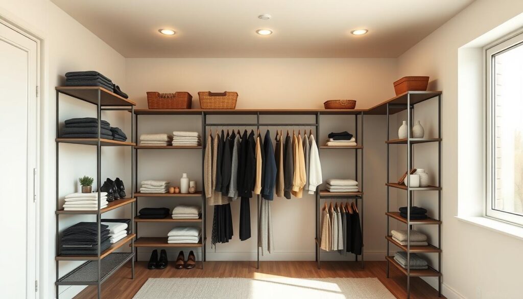 A spacious, open-concept walk-in closet with a minimalist, Scandinavian-inspired design. The closet is situated in the corner of a bright, airy room, allowing for maximum visibility and accessibility. Sleek, powder-coated metal clothing rods and shelves are mounted on the walls, creating a sense of intentional, modular organization. The shelves are adorned with neatly folded garments, accessories, and decorative touches, exuding a sense of effortless style. Warm, diffused lighting from above and natural illumination from large windows cast a gentle glow, accentuating the clean lines and neutral color palette. The overall atmosphere is one of simplicity, functionality, and visual harmony, making the closet an integral part of the room's design.