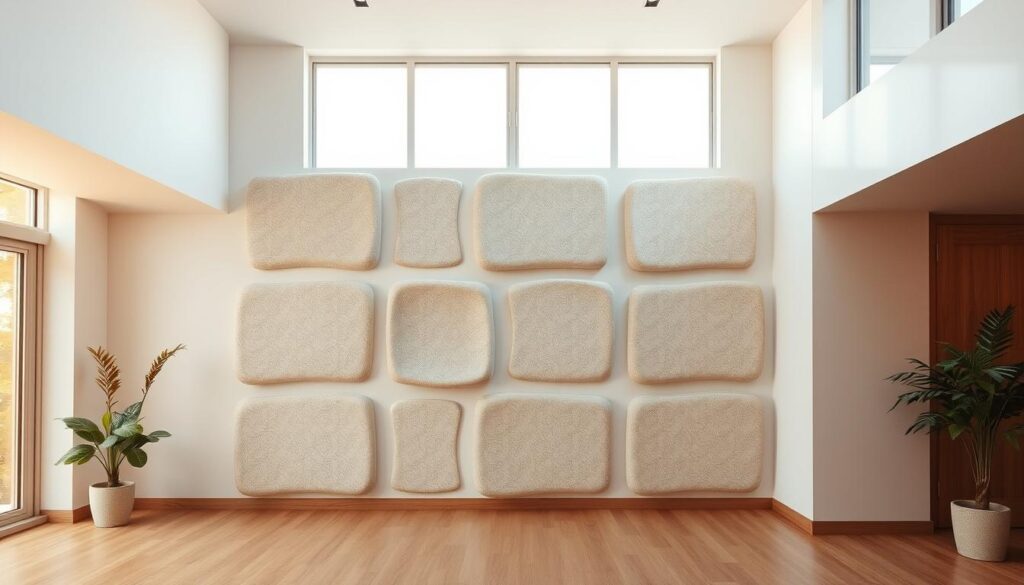 A spacious, well-lit home interior with a focus on a stylish acoustic wall panel arrangement. The panels have a subtle, textured surface that absorbs sound waves, creating a cozy and tranquil atmosphere. The panels are arranged in an organic, asymmetrical pattern, adding visual interest. Warm, natural lighting filters through large windows, casting a soft glow on the acoustic surfaces. The overall scene conveys a sense of modern, minimalist design that seamlessly blends function and aesthetics, providing an effective sound-dampening solution for the featured room.