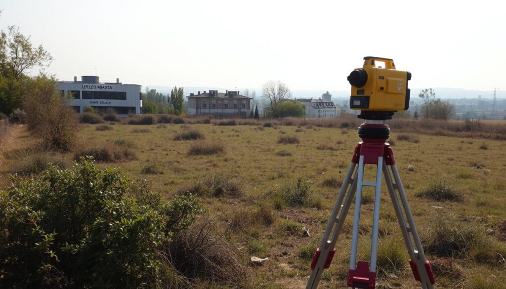A sprawling land parcel, its boundaries demarcated by overgrown shrubs and weathered fencing. In the foreground, a surveyor's tripod stands, its laser rangefinder scanning the terrain, gathering crucial data on the plot's dimensions and topography. The midground reveals a municipal office building, its facade adorned with a signage that reads "Urząd Miasta," hinting at the bureaucratic processes involved in transforming this agricultural land into a buildable plot. The background is a hazy skyline, suggesting the urban environment that the property may eventually become a part of. Soft, directional lighting casts subtle shadows, conveying a sense of contemplation and the need for careful consideration of the land's status and suitability for development. A sprawling land parcel, its boundaries demarcated by overgrown shrubs and weathered fencing. In the foreground, a surveyor's tripod stands, its laser rangefinder scanning the terrain, gathering crucial data on the plot's dimensions and topography. The midground reveals a municipal office building, its facade adorned with a signage that reads "Urząd Miasta," hinting at the bureaucratic processes involved in transforming this agricultural land into a buildable plot. The background is a hazy skyline, suggesting the urban environment that the property may eventually become a part of. Soft, directional lighting casts subtle shadows, conveying a sense of contemplation and the need for careful consideration of the land's status and suitability for development.