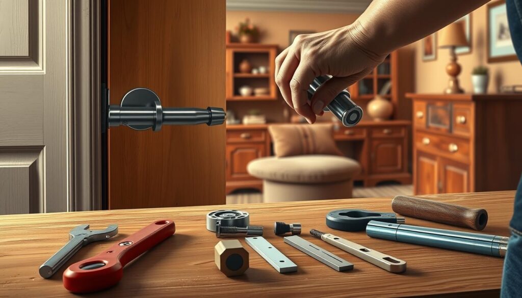 A step-by-step tutorial on replacing a door lock cylinder, depicted in a realistic, well-lit, highly detailed, photorealistic illustration. The foreground shows a person's hands carefully inserting a new lock cylinder into the door, with all the necessary tools and materials laid out neatly on a workbench. The middle ground depicts the door frame in close-up, revealing the intricate mechanism and the lock cylinder being replaced. The background features a warm, inviting interior setting, with wooden furniture and decorative elements, conveying a sense of domestic security and functionality. The lighting is natural and evenly distributed, highlighting the textures and colors of the materials. The overall mood is one of precision, focus, and a step-by-step process to improve home security.