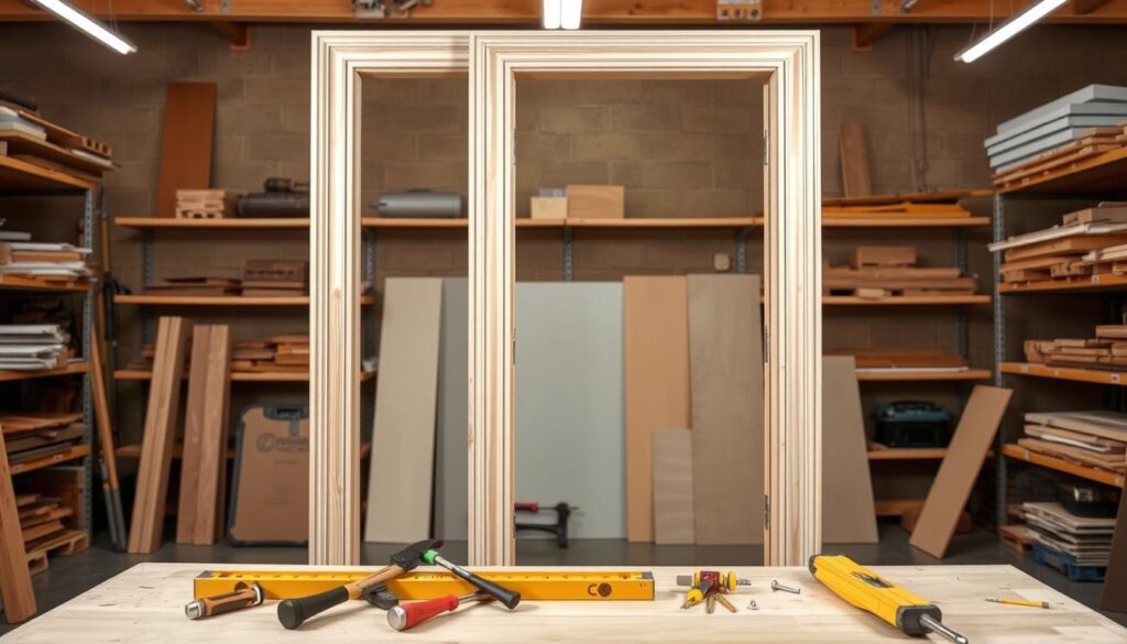 A step-by-step visual guide to door installation techniques. A well-lit workshop scene, with a partially installed door frame in the foreground, showcasing the various steps involved. Carpentry tools, such as hammers, screwdrivers, and level, neatly arranged on a workbench in the middle ground. The background features shelves stocked with building materials, highlighting the attention to detail required for a successful door installation. The overall atmosphere conveys a sense of precision, craftsmanship, and professional expertise, reflecting the article's focus on avoiding common installation errors. A step-by-step visual guide to door installation techniques. A well-lit workshop scene, with a partially installed door frame in the foreground, showcasing the various steps involved. Carpentry tools, such as hammers, screwdrivers, and level, neatly arranged on a workbench in the middle ground. The background features shelves stocked with building materials, highlighting the attention to detail required for a successful door installation. The overall atmosphere conveys a sense of precision, craftsmanship, and professional expertise, reflecting the article's focus on avoiding common installation errors.