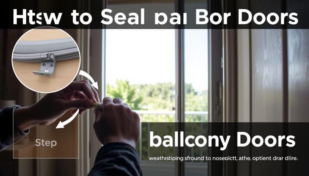 A step-by-step visual guide to sealing balcony doors, showcasing a well-lit, detailed process. In the foreground, a person's hands delicately applying weatherstripping around the door frame, ensuring a tight, energy-efficient seal. In the middle ground, the partially open balcony door reveals a cozy interior, with sunlight streaming in. The background features a tranquil outdoor scene, with lush greenery and a clear sky, conveying a sense of domestic comfort and efficiency. The overall composition emphasizes the importance of proper door sealing to prevent drafts and optimize energy usage, creating a visually engaging and informative image.