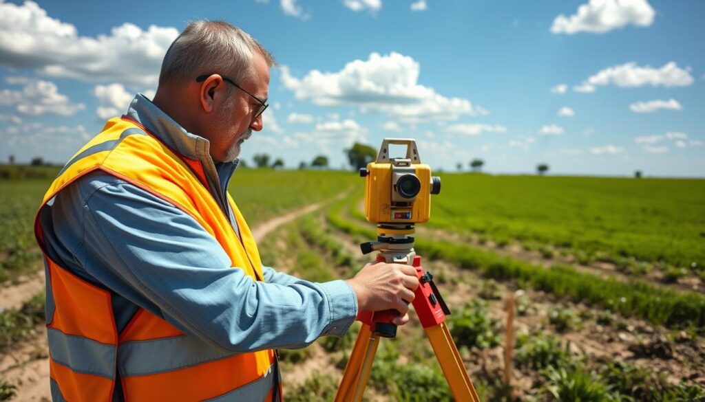 A surveyor in a reflective vest carefully measuring the boundaries of a rural agricultural plot, using a theodolite and other surveying equipment. The land is dotted with lush green grass and sparse trees, under a bright blue sky with fluffy white clouds. The scene conveys professionalism, precision, and the importance of accurately defining property lines for agricultural use. The composition features the surveyor as the primary focal point, with the land and sky providing a balanced, scenic backdrop. The lighting is natural and evenly distributed, creating a sense of clarity and openness.