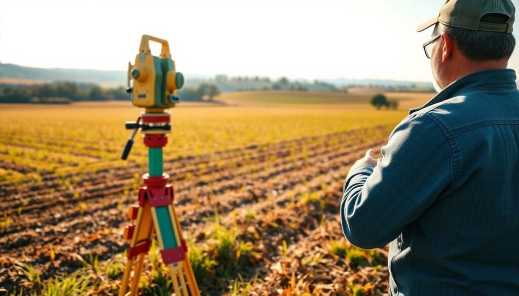 A surveyor inspecting a rural plot of farmland, measuring boundaries with high-precision surveying equipment. The scene depicts the foreground with the surveyor diligently taking measurements, the middle ground showcasing the expanse of the agricultural field, and the background featuring rolling hills, a clear sky, and distant trees. The lighting is natural, casting warm tones across the landscape. The overall composition conveys the professionalism and expertise of the surveyor's work in delineating the boundaries of the rural property.