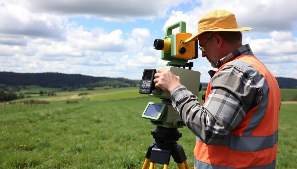 A surveyor measuring a plot of land with a theodolite and GPS device, standing in a grassy field under a partly cloudy sky. In the foreground, the surveyor carefully inspects the instruments, while in the middle ground, land markers and boundary posts are visible. The background shows the rolling hills and trees of the rural landscape. The scene conveys a sense of precision, organization, and a methodical approach to accurately defining the property boundaries.