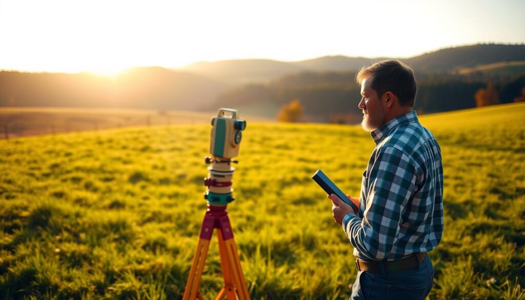 A surveyor standing on a field, holding a theodolite and measuring the boundaries of a plot of land. The scene is bathed in warm, golden sunlight, casting long shadows across the lush, green grass. In the background, a rolling landscape of hills and forests creates a serene, picturesque setting. The surveyor's face is focused, their movements precise, as they carefully map out the precise dimensions of the property. The image conveys a sense of diligence, professionalism, and the importance of accurately defining the boundaries of a piece of land.