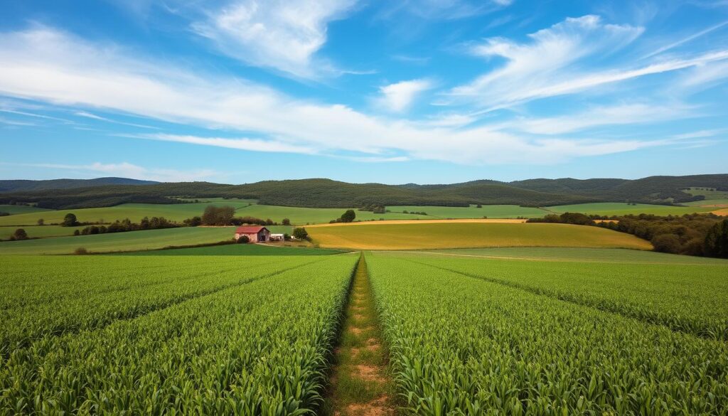 A tranquil rural landscape with a large field of lush green crops in the foreground. In the middle ground, a dirt road winds through the field, leading to a small farmhouse and outbuildings. In the background, rolling hills covered in verdant vegetation stretch out to the horizon. The sky is a brilliant blue, with wispy clouds drifting overhead, casting gentle shadows across the scene. The lighting is soft and diffused, creating a warm, inviting atmosphere. The camera angle is slightly elevated, offering a panoramic view of the transformation from agricultural to residential land use.