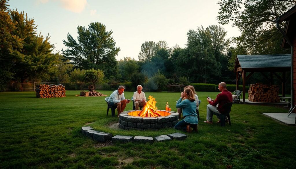 A tranquil rural scene of a family enjoying a cozy campfire in their backyard, with lush green trees and a clear sky in the background. The fire pit is positioned a safe distance from any structures, with a neatly stacked pile of firewood nearby. The lighting is warm and inviting, casting a gentle glow over the scene. In the foreground, a group of people are gathered around the fire, sharing a meal and relaxing. The overall mood is one of relaxation and community, reflecting the guidelines for safe and responsible outdoor fire-making. A tranquil rural scene of a family enjoying a cozy campfire in their backyard, with lush green trees and a clear sky in the background. The fire pit is positioned a safe distance from any structures, with a neatly stacked pile of firewood nearby. The lighting is warm and inviting, casting a gentle glow over the scene. In the foreground, a group of people are gathered around the fire, sharing a meal and relaxing. The overall mood is one of relaxation and community, reflecting the guidelines for safe and responsible outdoor fire-making.
