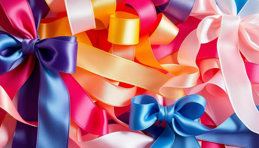 A vibrant array of elegant ribbon textures, beautifully arranged in a visually striking composition. The ribbons are of varying widths, colors, and patterns, including satin, grosgrain, and sheer organza. They are carefully positioned to create a sense of depth and movement, with some ribbons cascading gracefully across the frame. Soft, diffused lighting casts gentle shadows, enhancing the luxurious, tactile quality of the materials. The overall aesthetic is both refined and inviting, perfectly suited to inspire the reader's creativity in crafting the perfect decorative bow. A vibrant array of elegant ribbon textures, beautifully arranged in a visually striking composition. The ribbons are of varying widths, colors, and patterns, including satin, grosgrain, and sheer organza. They are carefully positioned to create a sense of depth and movement, with some ribbons cascading gracefully across the frame. Soft, diffused lighting casts gentle shadows, enhancing the luxurious, tactile quality of the materials. The overall aesthetic is both refined and inviting, perfectly suited to inspire the reader's creativity in crafting the perfect decorative bow.