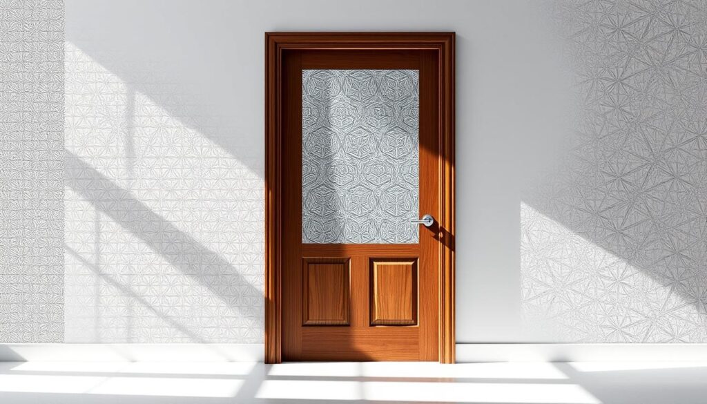 A visually striking scene showcasing decorative window films and vinyl overlays on a modern wooden door. Crisp lighting highlights the textured surfaces, creating a play of light and shadow. The folie i okleiny designs feature intricate patterns, geometric shapes, and subtle gradients, adding visual interest and a touch of elegance. The door is positioned in a bright, airy space, potentially a minimalist interior, allowing the decorative elements to take center stage. The overall atmosphere conveys a sense of sophistication and practicality, perfectly aligning with the concept of stylish, glass-free door solutions. A visually striking scene showcasing decorative window films and vinyl overlays on a modern wooden door. Crisp lighting highlights the textured surfaces, creating a play of light and shadow. The folie i okleiny designs feature intricate patterns, geometric shapes, and subtle gradients, adding visual interest and a touch of elegance. The door is positioned in a bright, airy space, potentially a minimalist interior, allowing the decorative elements to take center stage. The overall atmosphere conveys a sense of sophistication and practicality, perfectly aligning with the concept of stylish, glass-free door solutions.