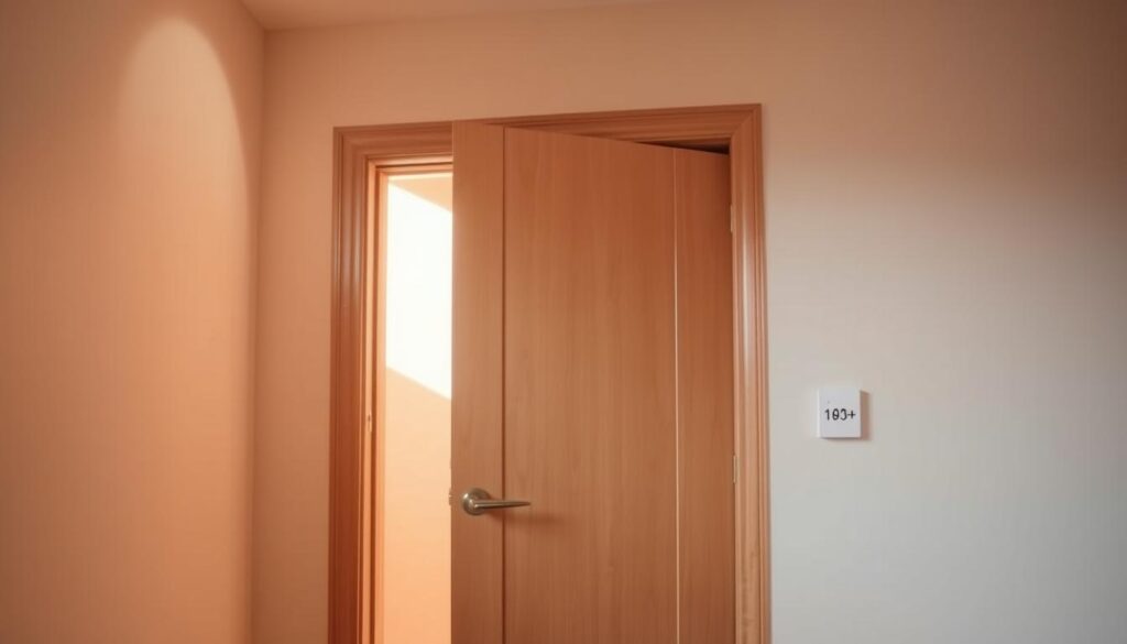 A warm, softly lit interior with a focus on a partially open door frame. The door is made of natural wood, with a sleek, contemporary design. The surrounding walls are painted in a neutral, calming color palette, creating a harmonious and inviting atmosphere. The lighting is subtle, casting gentle shadows and highlighting the textures of the wood and materials. The camera angle is slightly elevated, providing a balanced, symmetrical composition that showcases the door's integration into the overall space. The image conveys a sense of tranquility and thoughtful home design, reflecting the cost and process of installing high-quality interior doors.