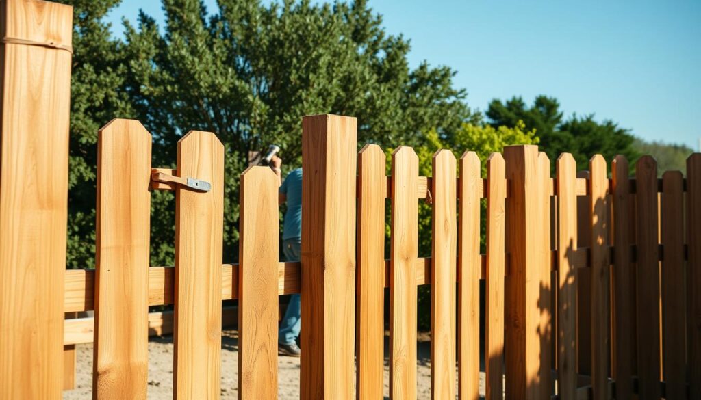 A well-constructed, sturdy fence made of wooden planks and posts, set against a backdrop of lush greenery and a clear blue sky. The foreground features a worker carefully measuring and cutting the wood, while in the middle ground, another person diligently hammers the planks into place. The scene exudes a sense of diligence and attention to detail, reflecting the care and craftsmanship required for a proper fence installation. Warm, natural lighting casts gentle shadows, highlighting the texture of the wood and the precision of the work. The overall composition conveys a sense of order, security, and a harmonious integration with the surrounding environment.