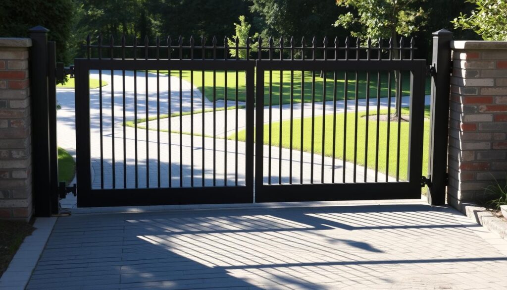 A well-crafted gated driveway fence, its metal bars casting dramatic shadows across a neatly paved driveway. The sturdy szlaban ogrodzeniowy stands tall, its sleek design seamlessly blending functionality and aesthetics. Warm sunlight filters through the bars, illuminating the carefully manicured lawn and lush greenery in the background. This entrance effortlessly conveys a sense of security and privacy, inviting visitors to a well-maintained, picturesque property. The szlaban's precise engineering and thoughtful placement showcase the homeowner's attention to detail, creating a welcoming yet controlled access point to their cherished outdoor space.