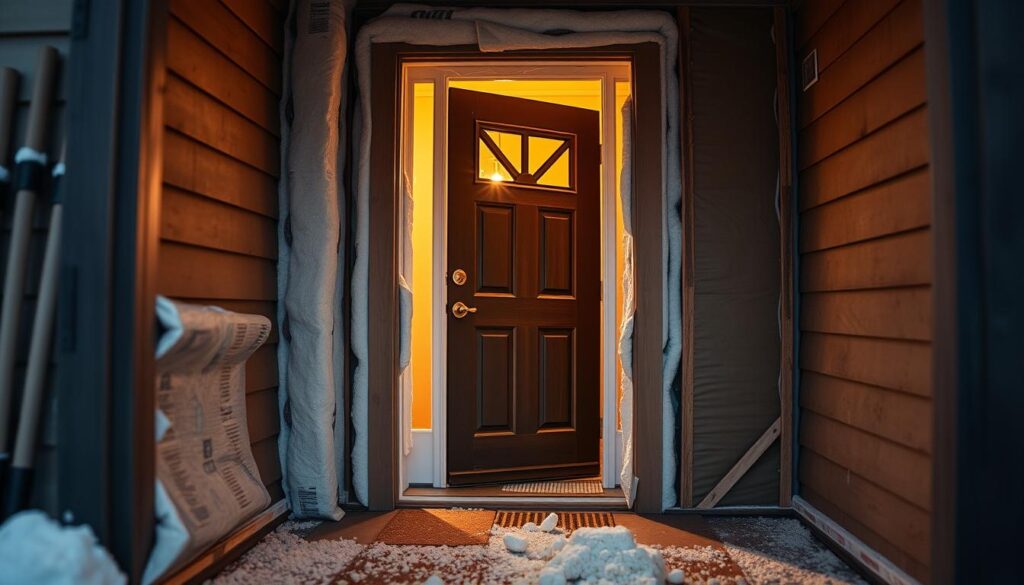 A well-insulated entryway with a focus on the front door. In the foreground, the door is shown in detail, with its frame, hardware, and seals highlighted. The middle ground features weatherstripping, draft-proofing materials, and insulation panels being installed around the door's perimeter. In the background, the exterior of the house is visible, with a warm, cozy lighting illuminating the scene. The overall atmosphere conveys a sense of energy efficiency, comfort, and attention to detail in improving the thermal performance of the entry. The image should be captured from a slightly elevated angle, emphasizing the comprehensive nature of the insulation process.