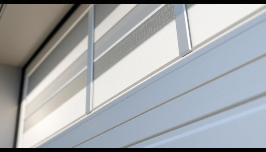 A well-insulated garage door with a seamless blend of modern materials, capturing the essence of effective thermal insulation. A close-up view showcases the intricate layering of high-performance insulation, encased within a sleek, weatherproof exterior. Gentle shadows and soft lighting highlight the textural details, conveying a sense of quality craftsmanship. The image exudes a practical, yet visually appealing aesthetic, perfectly suited to illustrate the topic of efficient garage door insulation solutions.