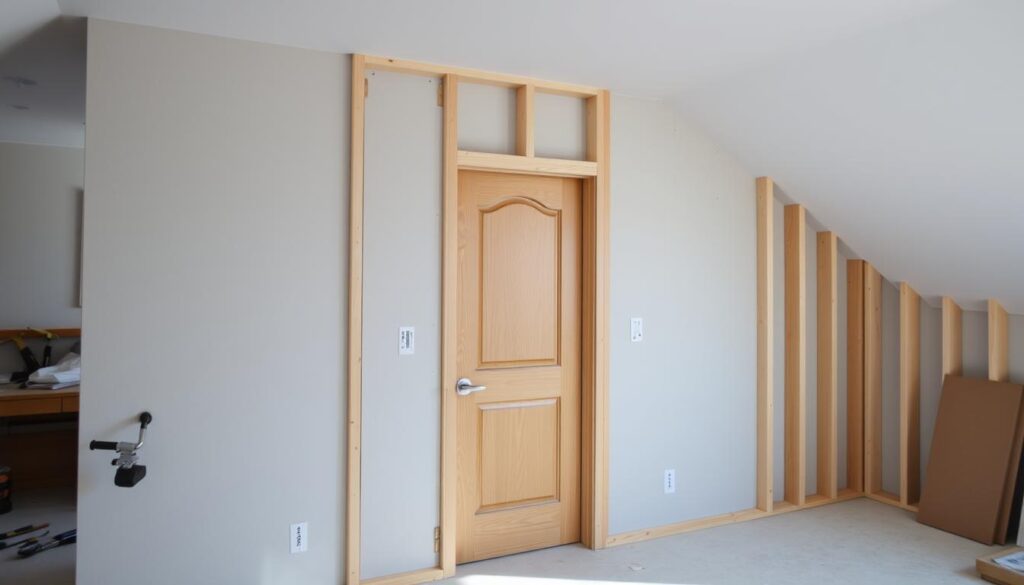 A well-lit, angled view of a partially constructed interior wall with a doorway opening. The wall is made of drywall panels, neatly framed with wooden studs. The doorway features a solid wooden door with a simple handle and hinges. The work area is clean and organized, with tools and materials visible in the background, suggesting an active home renovation project. The lighting is soft and natural, accentuating the textures of the materials. The overall mood is one of diligent craftsmanship and attention to detail.