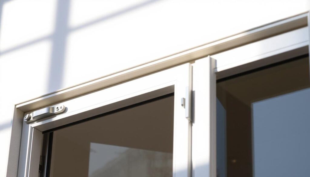 A well-lit balcony door, the frame slightly askew, with one corner raised, revealing the mechanism for diagonal adjustment. The door's hinges and latch are clearly visible, providing insight into the adjustment process. Soft shadows cast by the door frame add depth and dimensionality, while the background is subtly blurred, keeping the focus on the adjustable components. The scene conveys a sense of precision and attention to detail, offering a clear visual representation of the "Regulacja położenia drzwi w poziomie i po przekątnej" section of the article.