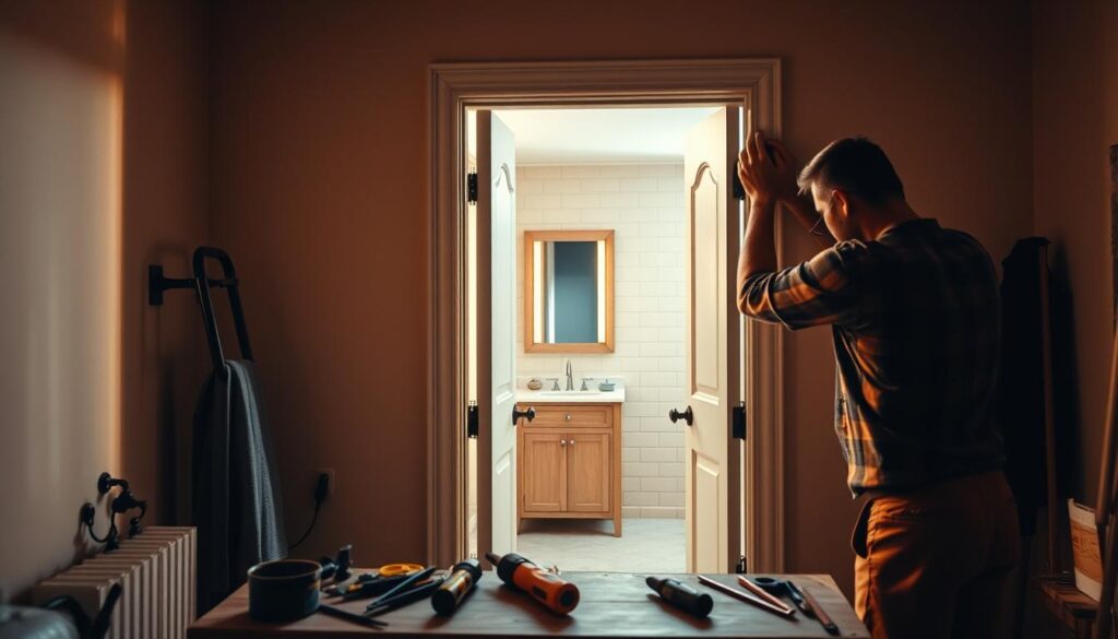 A well-lit bathroom interior, the focus on a craftsman carefully installing a wooden door frame into the bathroom entrance. The door hangs open, revealing the tiled floor and vanity within. Tools and materials are neatly arranged on a workbench, suggesting a meticulous, professional installation process. Warm, soft lighting casts gentle shadows, creating a serene, inviting atmosphere. The scene conveys a sense of expertise, attention to detail, and the satisfaction of a job well done, capturing the essence of a skilled bathroom door installation.