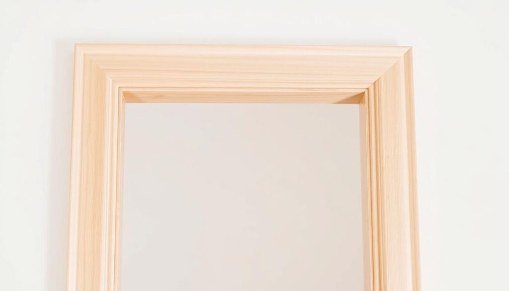 A well-lit, close-up photograph of a door frame, showcasing the precise dimensions of an 80-centimeter door opening. The frame is made of sturdy wood, with a smooth, uniform finish. The edges are neatly trimmed, and the entire structure is meticulously aligned. The lighting is soft and evenly distributed, highlighting the textures and details of the wood grain. The angle of the camera is positioned at eye level, providing a clear and straightforward view of the doorway's measurements. The background is a clean, neutral-colored wall, allowing the subject to be the sole focus of the image.