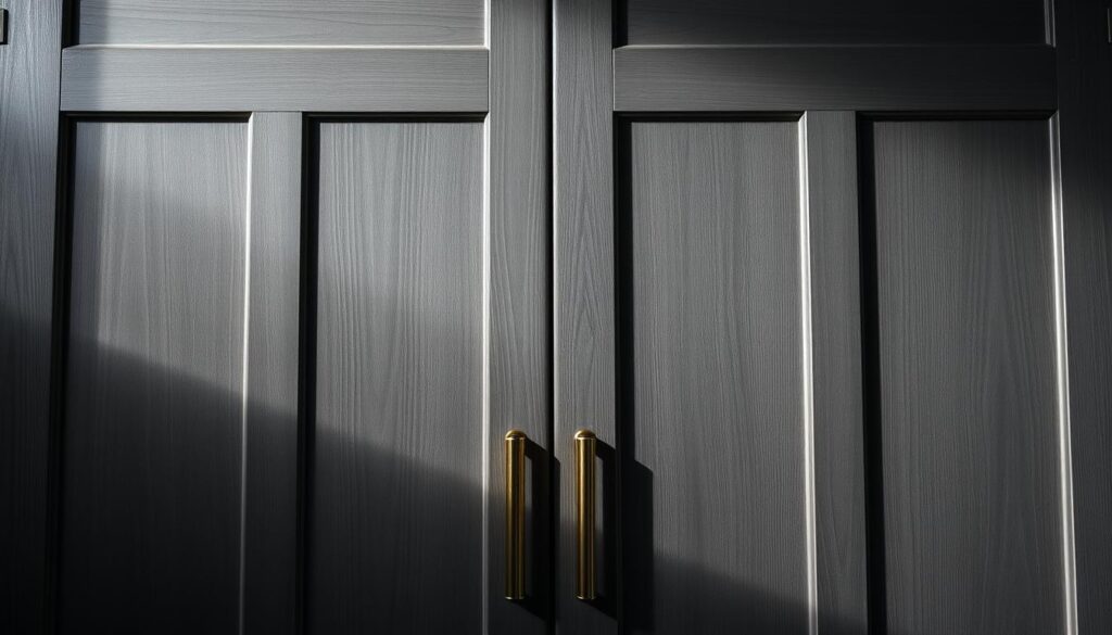 A well-lit, close-up photograph of a set of anthracite gray wooden doors, showcasing the texture and details of the surface. The doors are clean and free of any visible dirt or smudges, highlighting the uniform, matte finish. The lighting is soft and diffused, creating subtle shadows that accentuate the depth and contours of the wood grain. The image is framed to capture the top half of the doors, providing a clear view of the handles, hinges, and other hardware elements. The background is blurred, keeping the focus solely on the doors and the techniques used to maintain their pristine appearance.