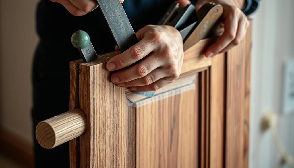 A well-lit, close-up view of a carpenter carefully preparing the door frame (ościeże) with a variety of tools, including a chisel, a plane, and sandpaper. The frame is made of solid, dark wood, with the grain clearly visible. The carpenter's hands are shown in focus, demonstrating the precise techniques required to ensure a smooth, even surface in preparation for the final installation of the interior door. The background is blurred, placing the emphasis on the intricate work being performed. The overall mood is one of craftsmanship and attention to detail.