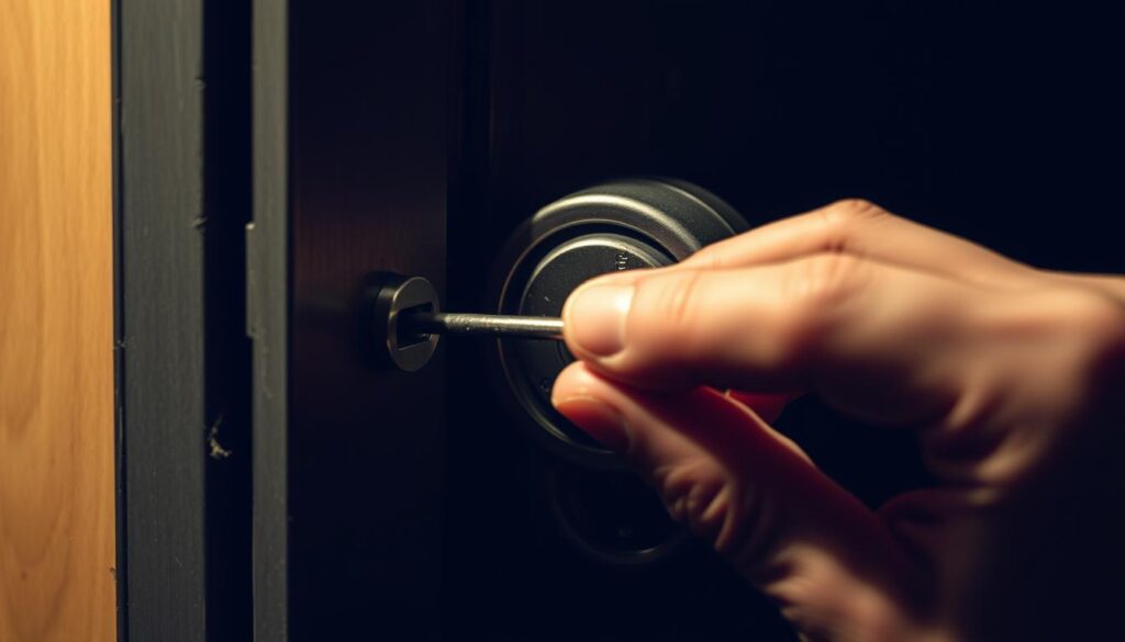A well-lit, close-up view of a person's hand using a simple everyday tool, such as a flathead screwdriver or a thin metal rod, to delicately manipulate the internal mechanism of a door lock, revealing the intricate workings within. The scene conveys a sense of careful concentration and problem-solving, with a neutral, documentary-style tone that avoids any suggestion of illegal activity. The background is slightly blurred, keeping the focus on the task at hand, and the lighting casts dramatic shadows that add depth and drama to the composition. A well-lit, close-up view of a person's hand using a simple everyday tool, such as a flathead screwdriver or a thin metal rod, to delicately manipulate the internal mechanism of a door lock, revealing the intricate workings within. The scene conveys a sense of careful concentration and problem-solving, with a neutral, documentary-style tone that avoids any suggestion of illegal activity. The background is slightly blurred, keeping the focus on the task at hand, and the lighting casts dramatic shadows that add depth and drama to the composition.